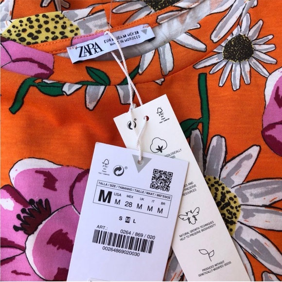 ZARA Mix Medía Cotton Orange Floral Print Short Sleeve Pull On Mini Dress M - Picture 12 of 16